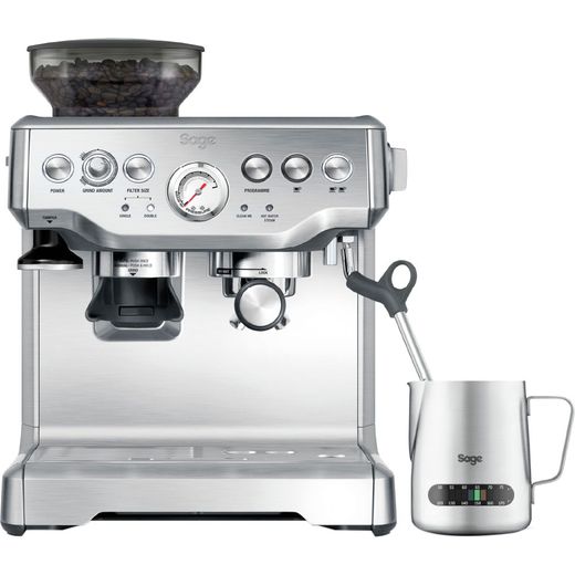 Sage The Barista Express Espresso Coffee Machine with Integrated Burr Grinder - Brushed Steel - Front with milk jug shot